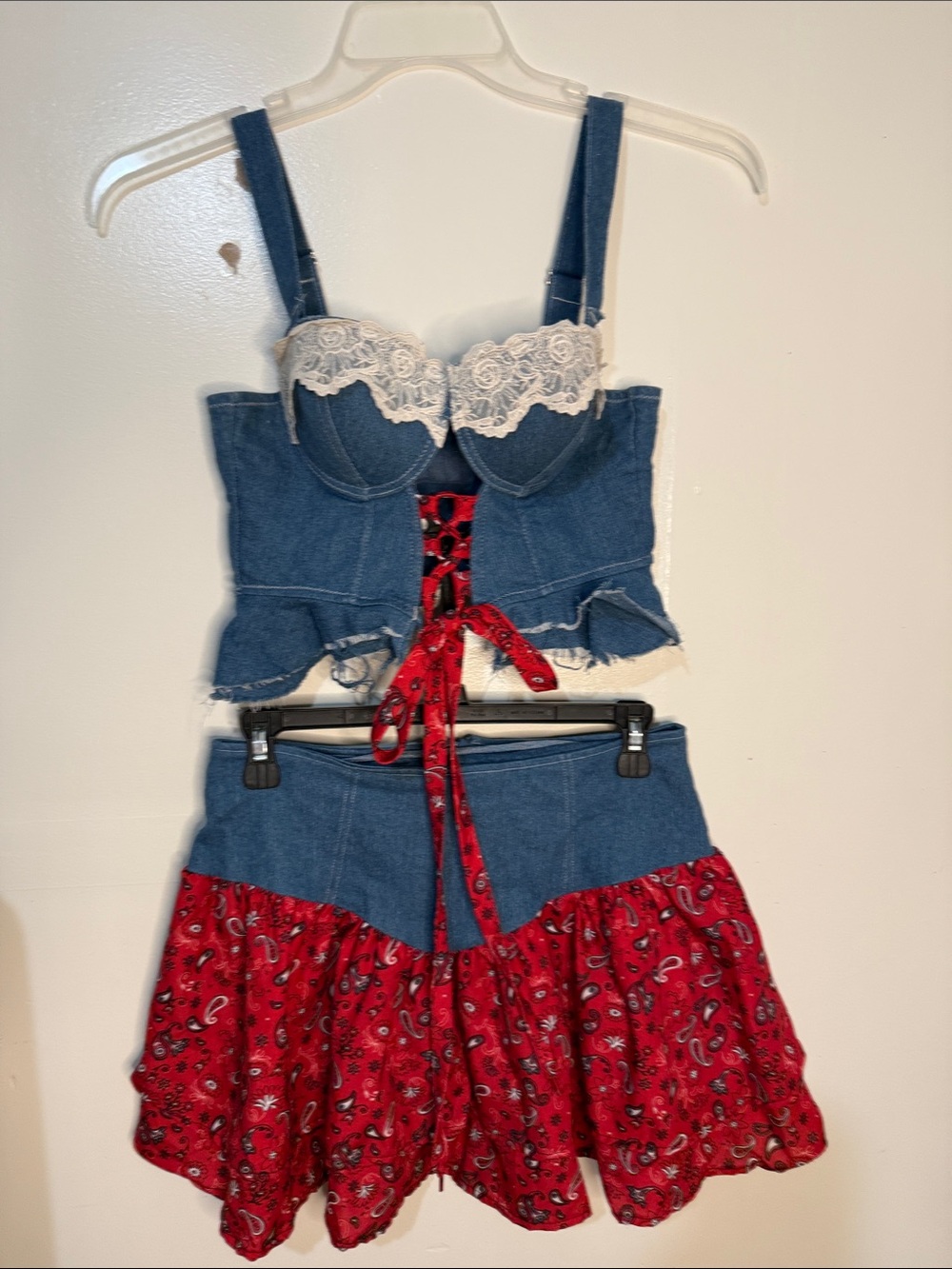 Spirit Cowgirl Costume Denim Corset Top S & Bandana Skirt M